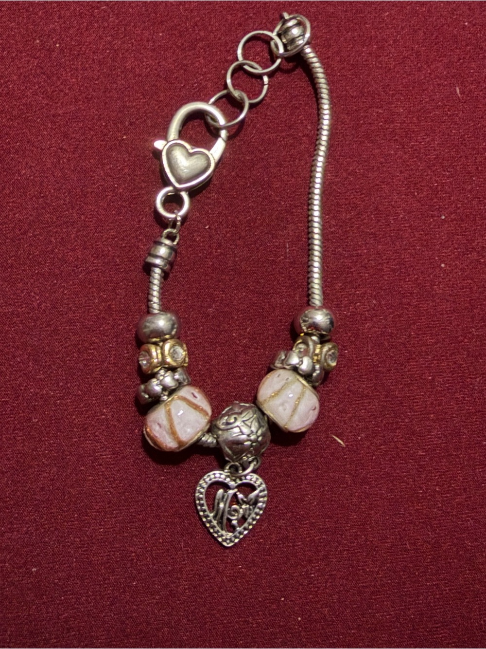 Silver Tone Pink Glass Bead Heart Charm Bracelet Love Charm